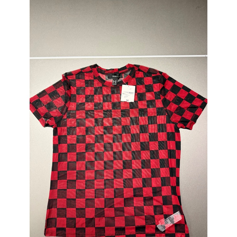 Forever 21+ Womens 2X Red Black Checkered Sheer Mesh Short Sleeve Top NWT